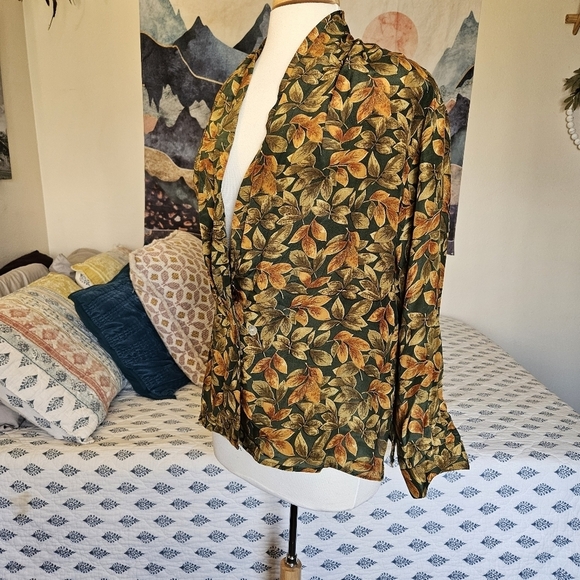 Vintage Quo Silk Leaf Print Blouse Jacket L | Fall Grandpa Fit - Picture 6 of 13